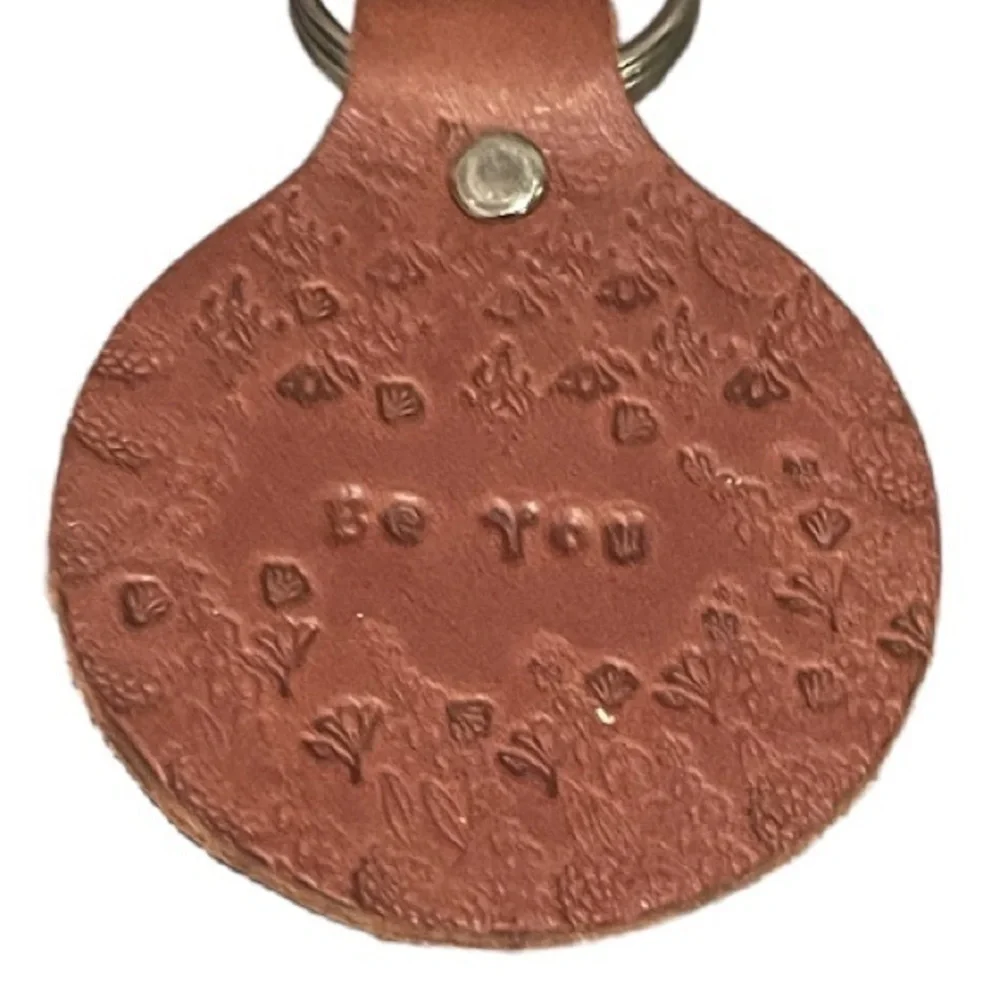 Handmade stamped brown Be You floral 100% leather key silver‎ chain/ring